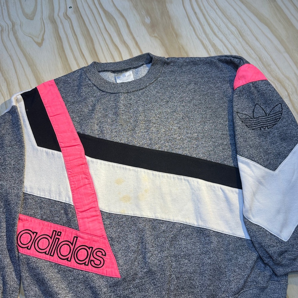 Vintage Adidas Gray Neon Pink Colorblock Sweatshirt Mens Medium Trefoil 80s 90s